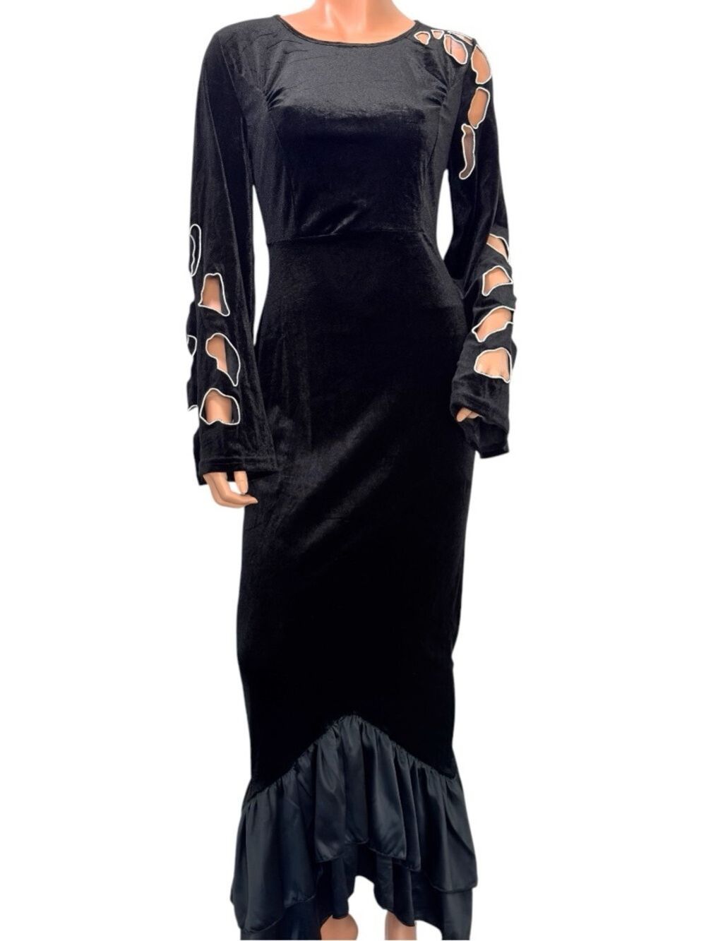 NWT Black Maxi Velvet Bodycon Fishtail Dress M Cut-out Flare Sleeve Cyber Grunge